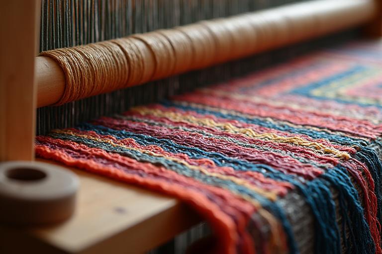 Telar artesanal con textiles tradicionales mexicanos